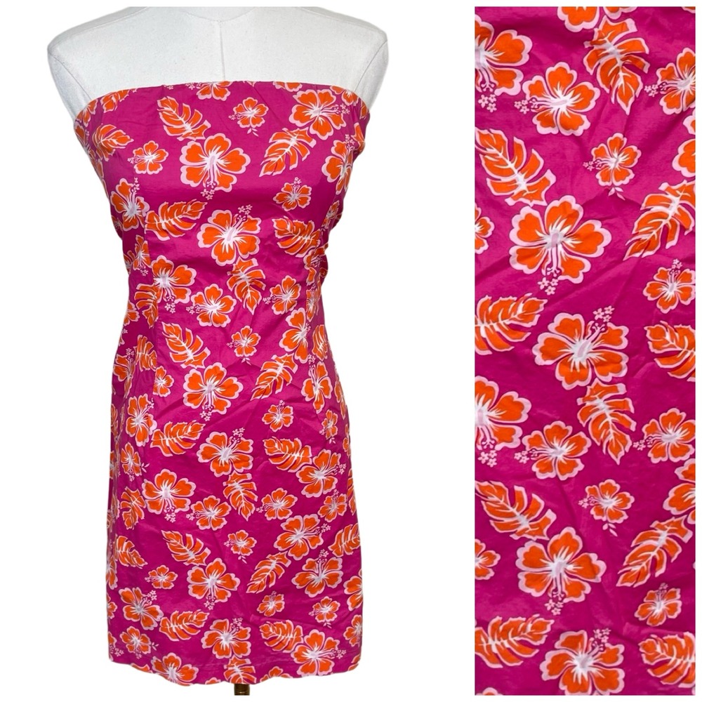 Vintage Rave City Strapless‎ Hibiscus Mini Dress Women M Pink Orange Floral Y2K